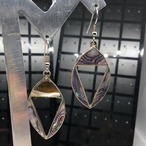 Vintage Alpaca Silver Mexico Abalone Inlay Earrings Dangle Drop Modernist Cutout